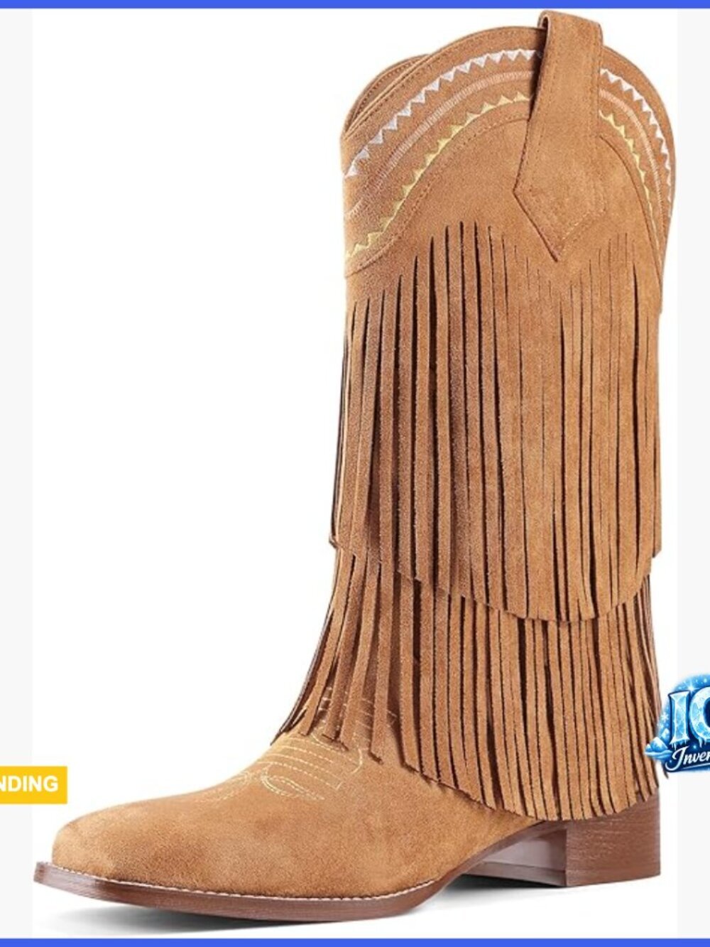 Fringe Mid Calf Cowboy Boots with Chunky Block Heel and Square Toe